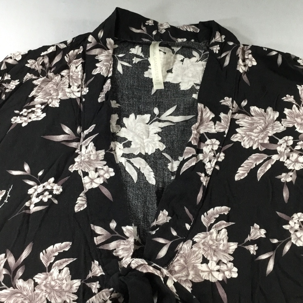 Spiritual Gangster Maya Black Floral Tie-Front Kimono Robe Swimsuit Cover Up OS - Picture 3 of 10